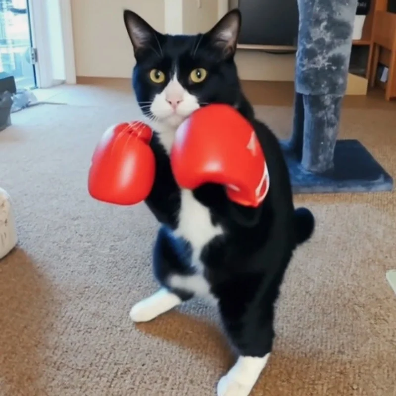 Meme mèo tuxedo đeo găng tay màu đỏ đứng thủ thế trong nhà.