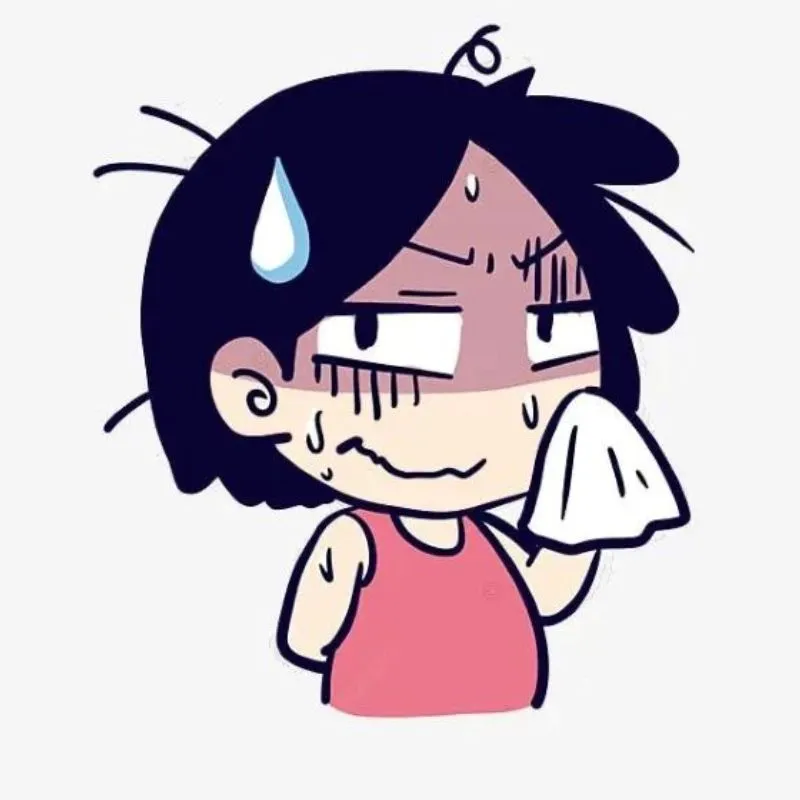 Hình vẽ chibi một nhân vật đang toát một giọt mồ hôi lớn trên đầu, tay cầm khăn lau mồ hôi với khuôn mặt tối sầm, gượng gạo và vô cùng căng thẳng