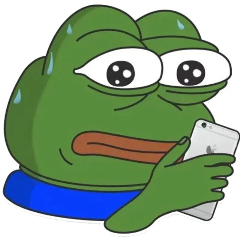 Meme chú ếch xanh Pepe (phiên bản MonkaS) đang vã mồ hôi nhễ nhại, ánh mắt đầy lo lắng và căng thẳng khi đang cầm xem điện thoại