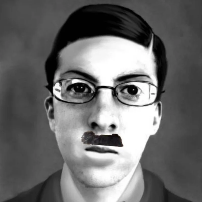 Ảnh chế chân dung trắng đen một người đàn ông đeo kính với bộ ria mép đặc trưng hitler