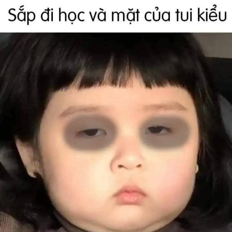 ảnh em bé mệt mỏi với quầng thâm mắt đen xì, caption "Sắp đi học và mặt của tui kiểu".