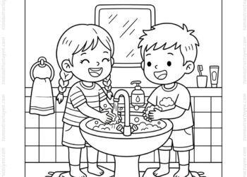 Tranh tô màu bé rửa tay cùng bạn
