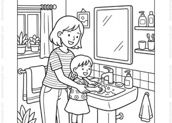 Tranh tô màu bé rửa tay cùng mẹ