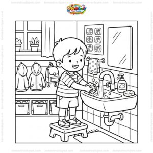 Tranh tô màu bé rửa tay ở lớp