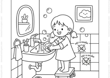 Tranh tô màu bé rửa tay phòng bệnh
