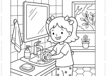 Tranh tô màu bé rửa tay trước ăn