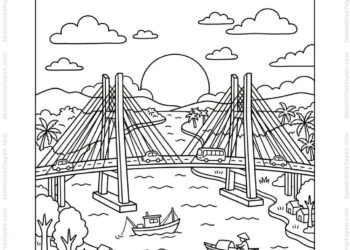 Tranh tô màu cầu Mỹ Thuận lúc hoàng hôn