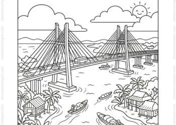 Tranh tô màu cầu Mỹ Thuận mùa nước nổi