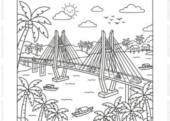 Tranh tô màu cầu Mỹ Thuận với hàng dừa