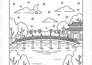 Tranh tô màu cầu Thê Húc ban đêm
