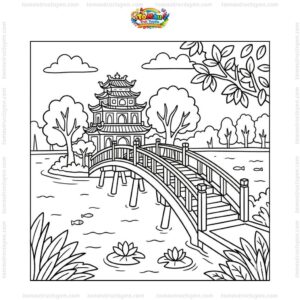 Tranh tô màu cầu Thê Húc cổ kính