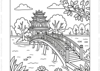 Tranh tô màu cầu Thê Húc cổ kính
