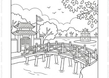 Tranh tô màu cầu Thê Húc đơn giản