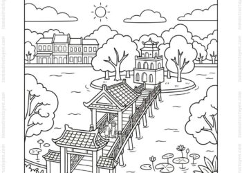 Tranh tô màu cầu Thê Húc hồ Gươm