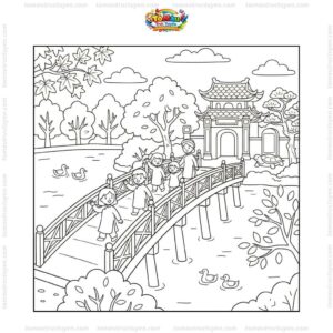 Tranh tô màu cầu Thê Húc mùa thu