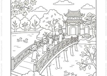Tranh tô màu cầu Thê Húc mùa thu