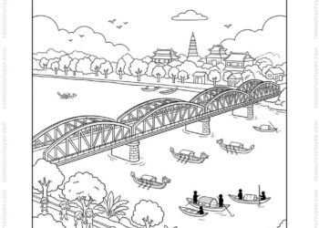Tranh tô màu cầu Tràng Tiền Huế đẹp