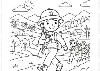 Tranh tô màu chú bộ đội hành quân
