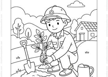 Tranh tô màu chú bộ đội trồng cây