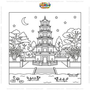 Tranh tô màu chùa Thiên Mụ ban đêm