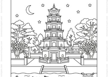 Tranh tô màu chùa Thiên Mụ ban đêm