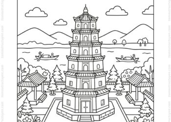 Tranh tô màu chùa Thiên Mụ cho bé