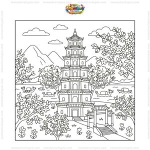 Tranh tô màu chùa Thiên Mụ mùa xuân