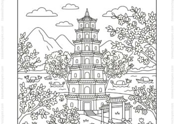 Tranh tô màu chùa Thiên Mụ mùa xuân