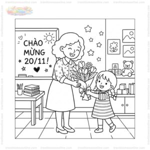 Tranh tô màu cô giáo nhận hoa Tranh tô màu cô giáo nhận hoa