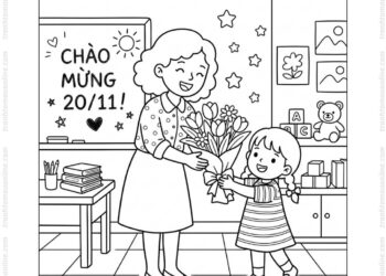 Tranh tô màu cô giáo nhận hoa