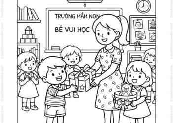 Tranh tô màu cô giáo phát quà