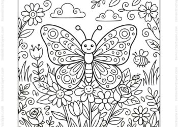 Tranh tô màu con bướm trong vườn hoa