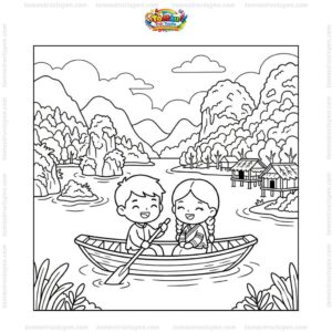 Tranh tô màu hồ Ba Bể chibi