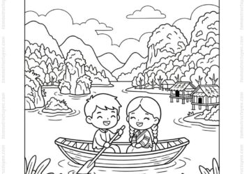Tranh tô màu hồ Ba Bể chibi
