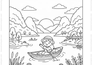 Tranh tô màu hồ Ba Bể hoàng hôn