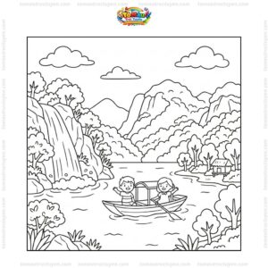 Tranh tô màu hồ Ba Bể thác nước