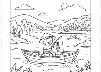 Tranh tô màu hồ Trị An câu cá