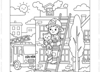 Tranh tô màu lính cứu hỏa cứu mèo