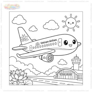 Tranh tô màu máy bay Vietnam Airlines chibi