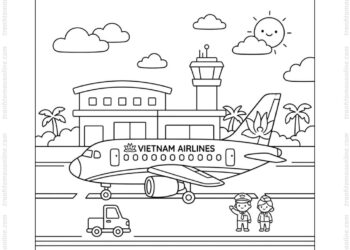 Tranh tô màu máy bay Vietnam Airlines sân bay