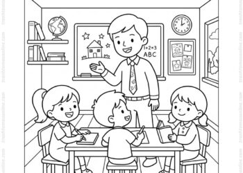 Tranh tô màu thầy giáo và học sinh