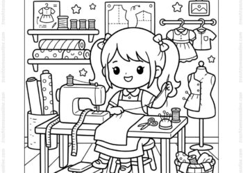 Tranh tô màu thợ may chibi