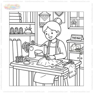 Tranh tô màu thợ may đang may