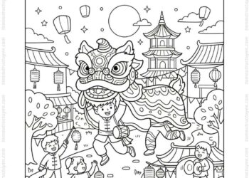 Tranh tô màu Trung Thu múa lân