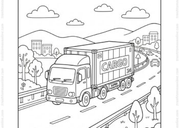 Tranh tô màu xe container chạy cao tốc