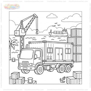Tranh tô màu xe container tại cảng