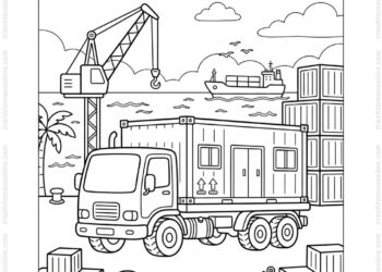 Tranh tô màu xe container tại cảng
