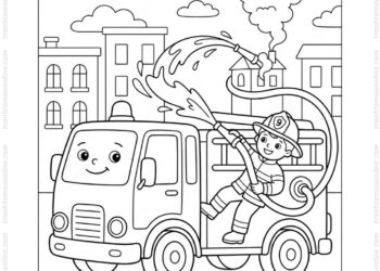 Tranh tô màu xe cứu hỏa với vòi nước