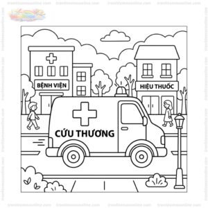 Tranh tô màu xe cứu thương đường phố