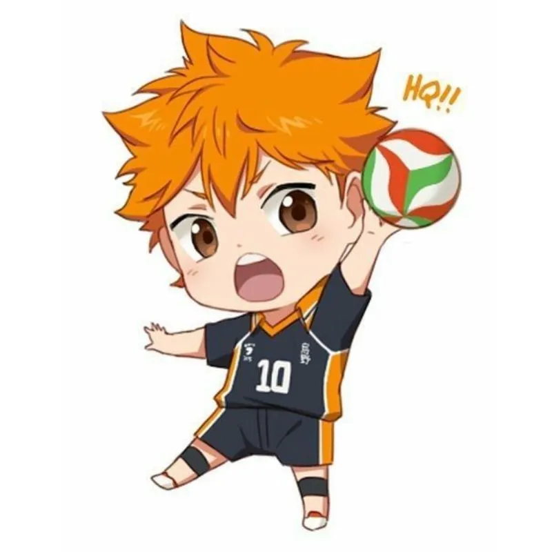 Ảnh anime bóng chuyền chibi tóc cam cầm bóng giơ cao đầy hào hứng.